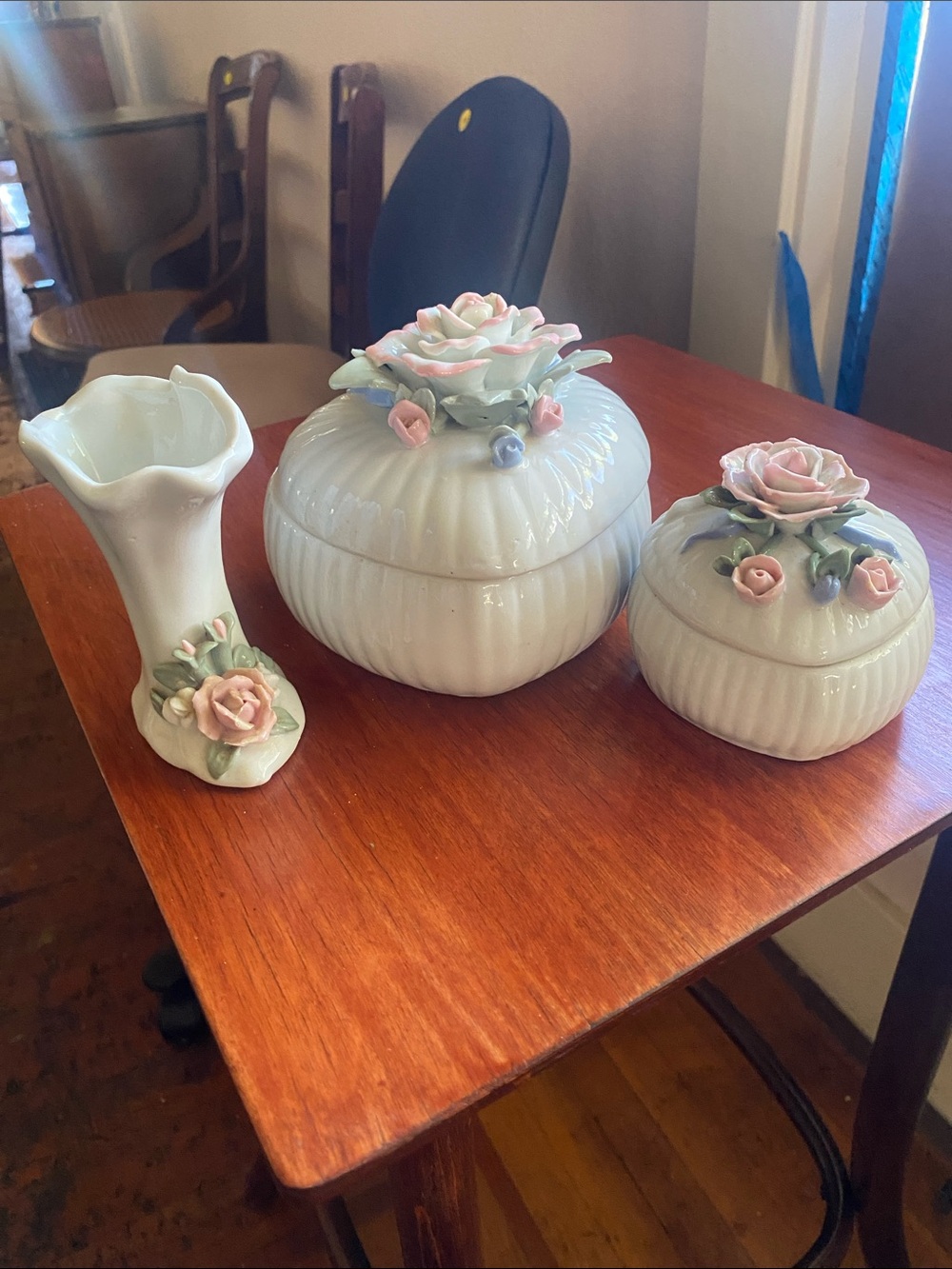 Porcelain Rose Lidded Trinket Boxes and Bud Vase - White with Pastel Roses